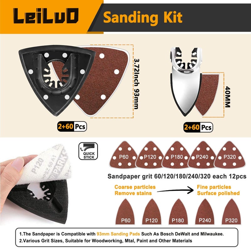 LEILUO 127 Pcs Oscillating Tool Sanding Pad Kit 2 Pcs 93mm Triangle Sanding Pads 2 Pcs Fingertip Sand Pads 120 Pcs Sandpaper 3 Pcs Adapters Compatible with DeWalt Makita Ryobi Milwaukee and More - Image 2